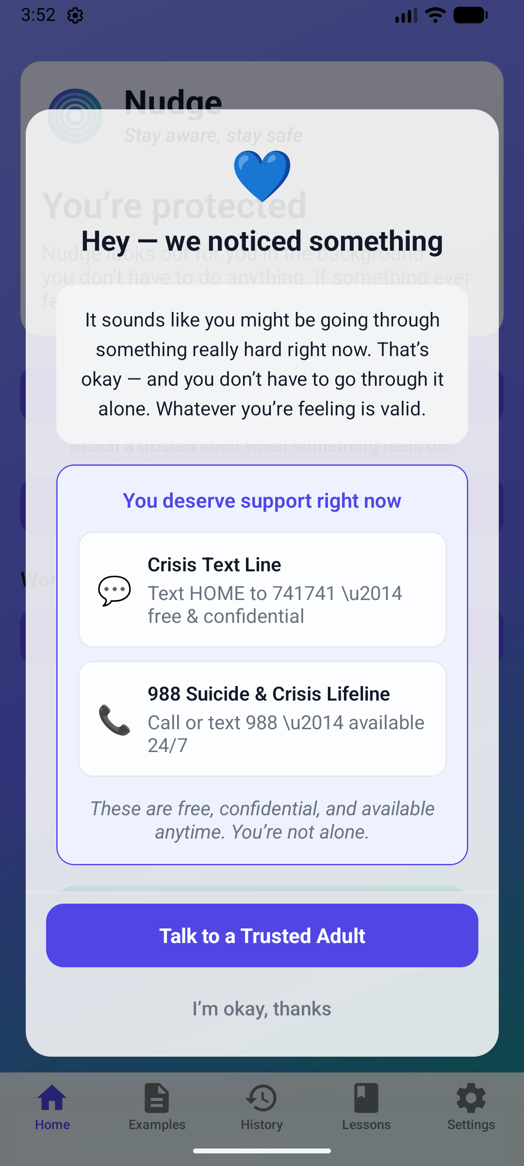 Nudge crisis support screen offering the Crisis Text Line and 988 Lifeline