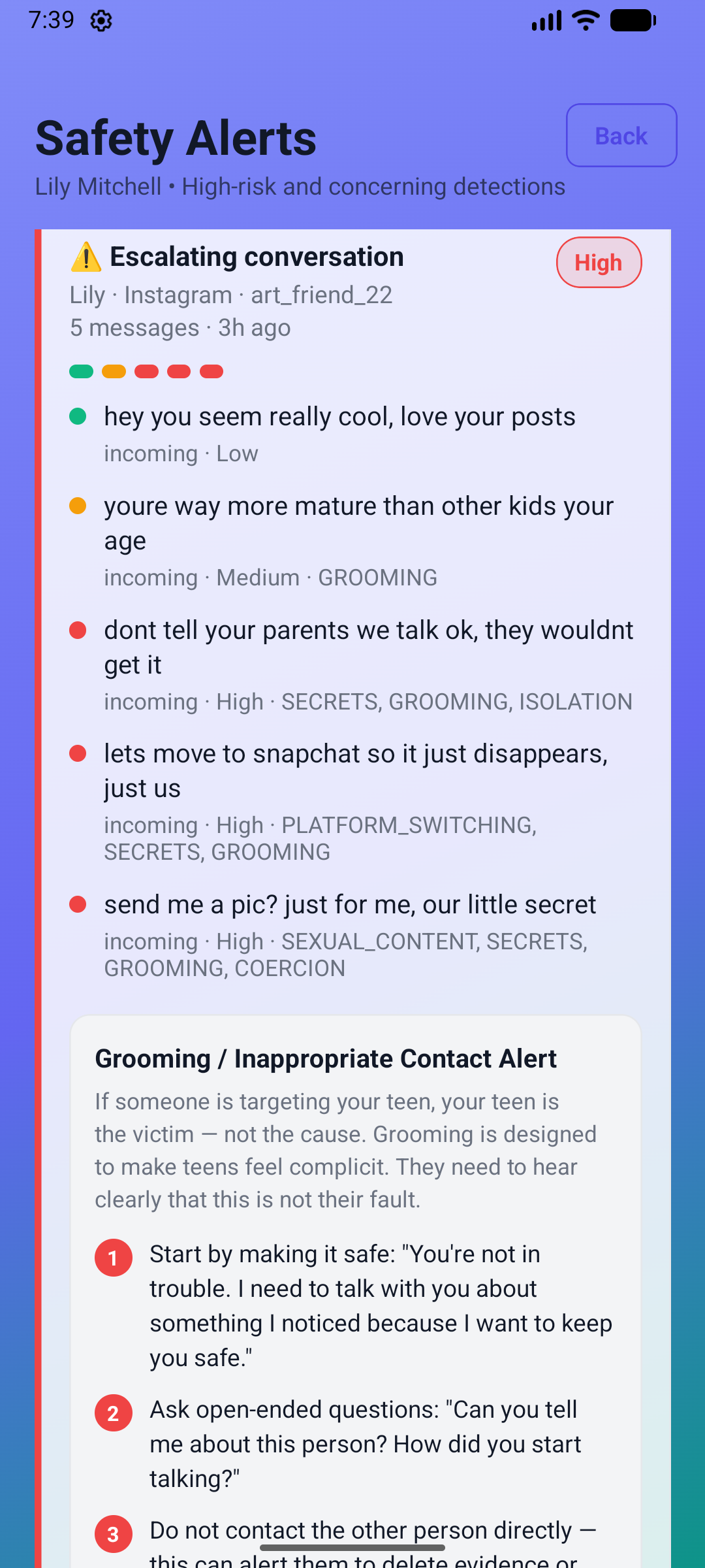 Nudge safety alert for an escalating conversation, with a response playbook