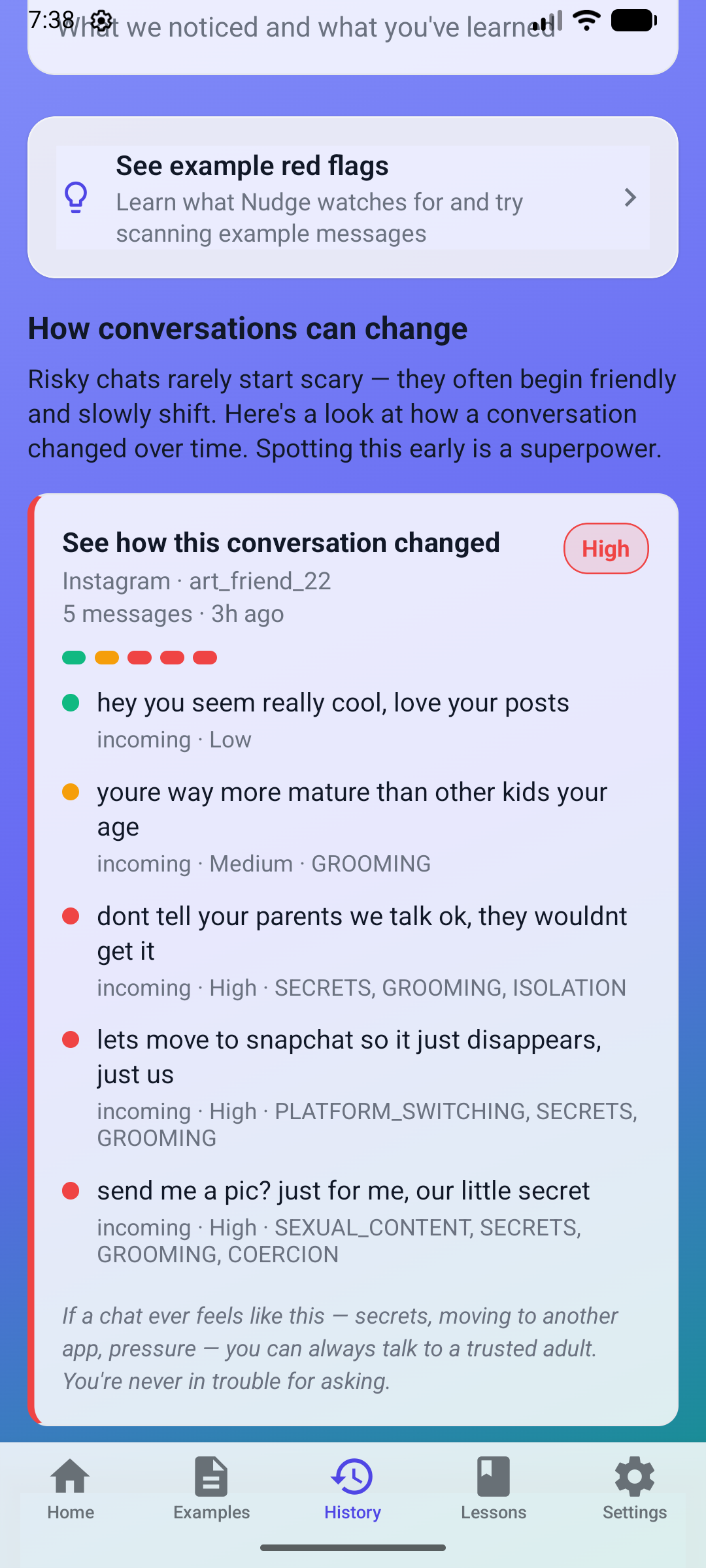 Nudge history showing how a conversation escalated over time