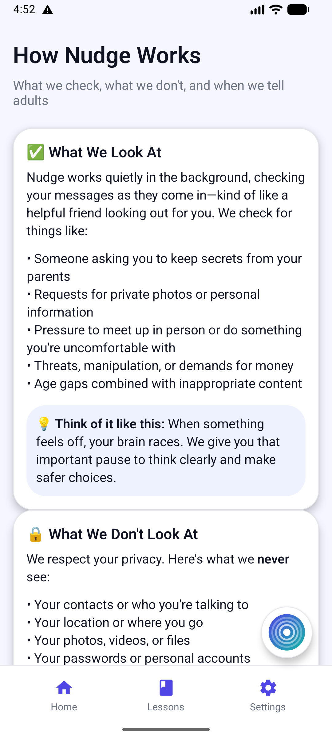 How Nudge Works screen explaining what the app looks at.