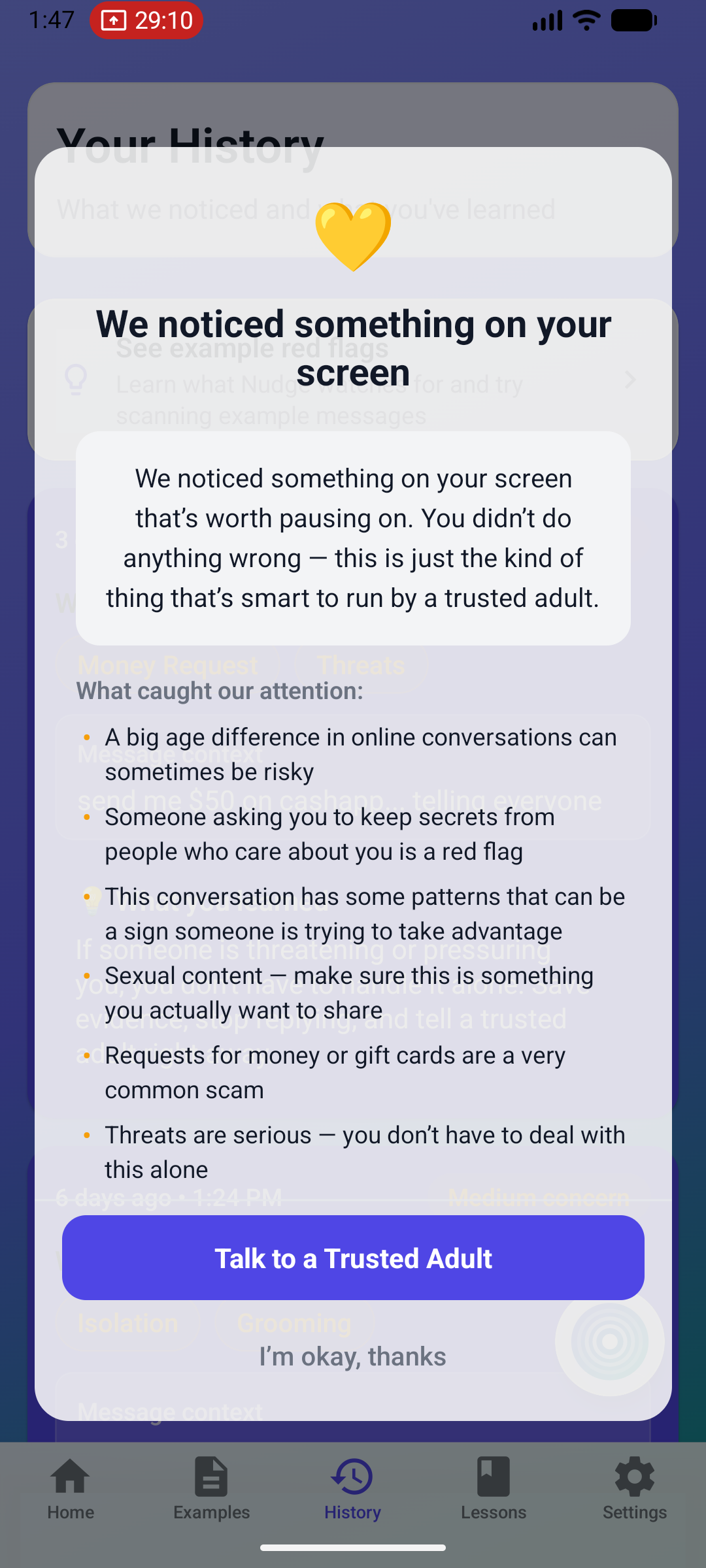 Nudge gentle heads-up screen: We noticed something on your screen, with what caught our attention and a Talk to a Trusted Adult button