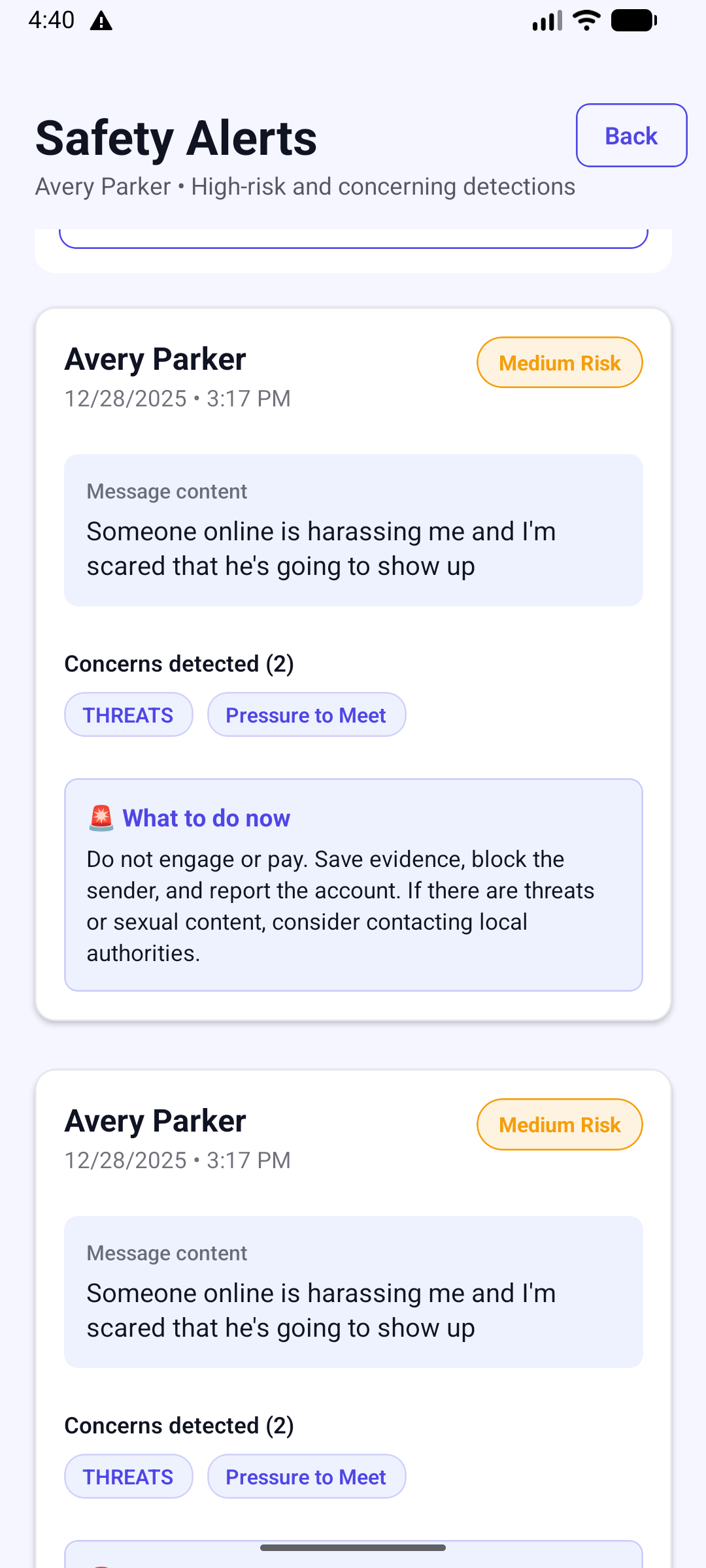 Safety Alerts screen in the Nudge app.