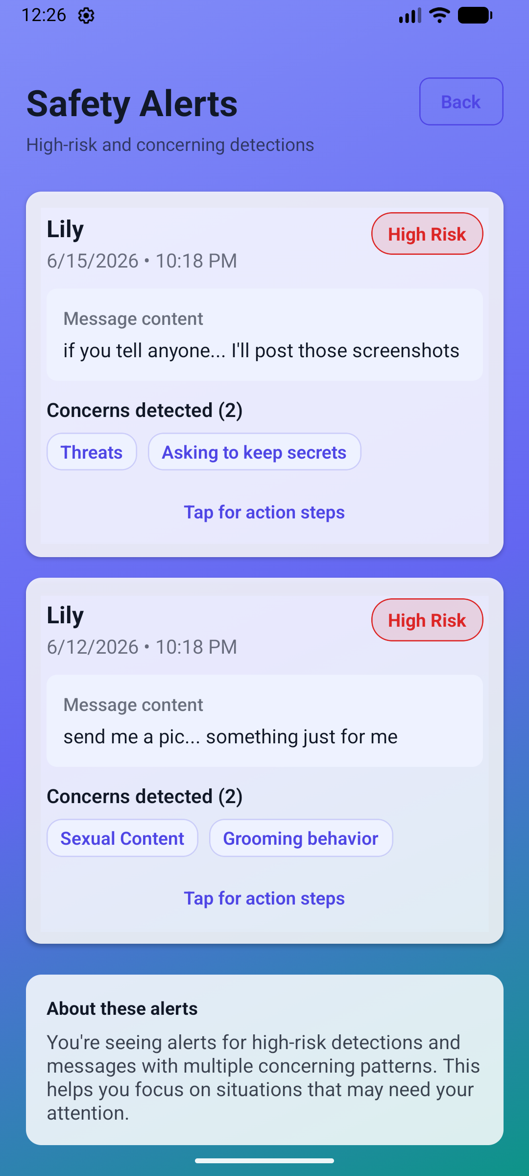 Nudge parent Safety Alerts screen with high-risk detections