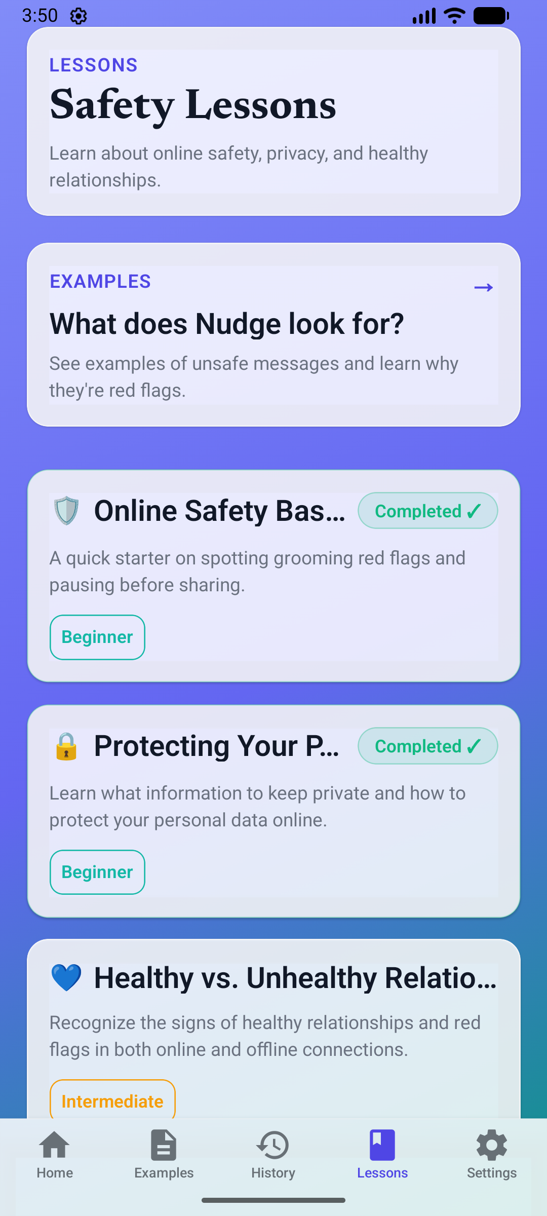 Nudge safety lessons on privacy and healthy relationships