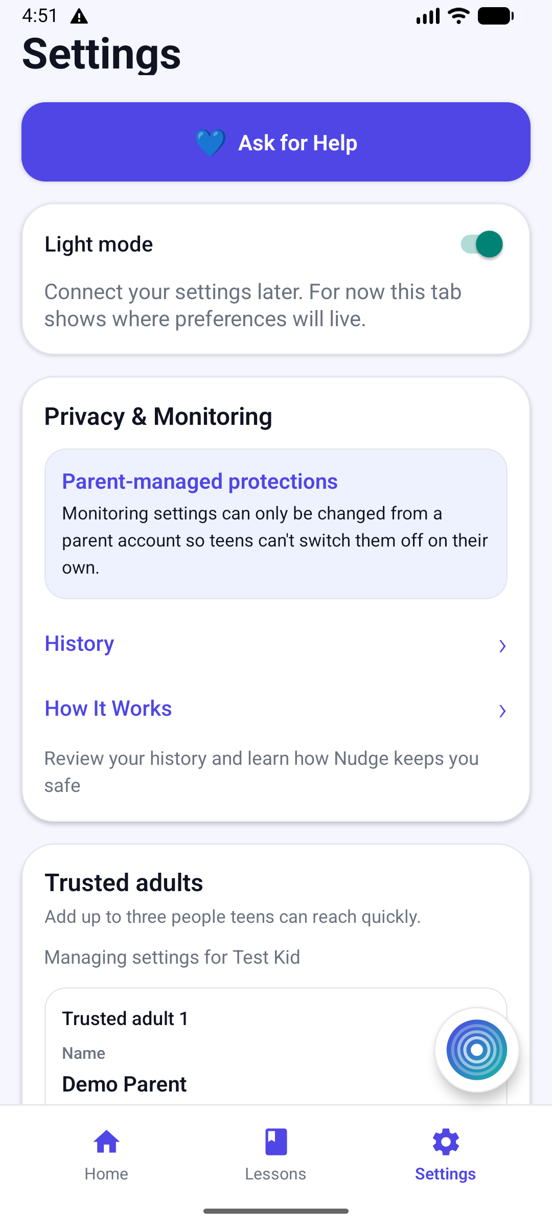 Settings screen showing parent-managed protections and trusted adults.