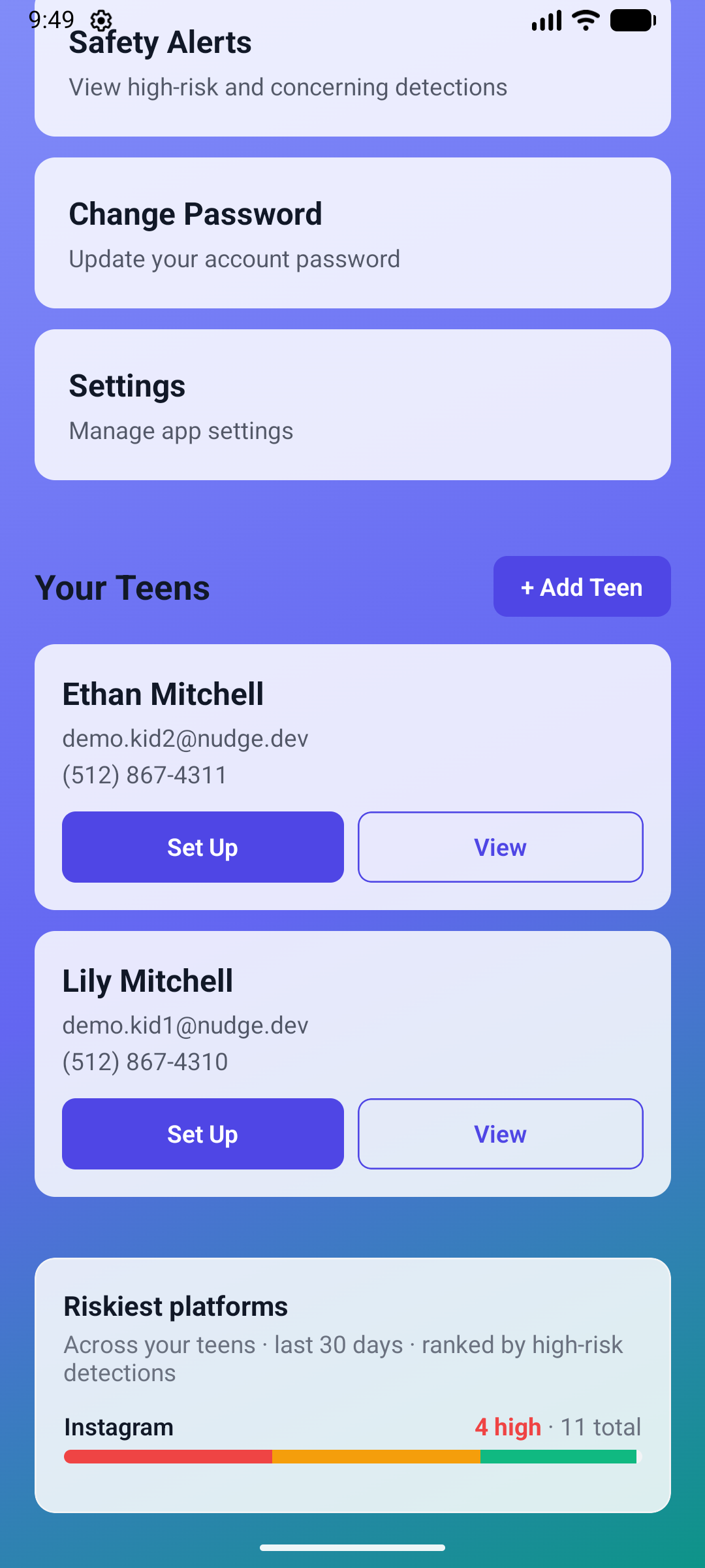 Nudge family settings showing multiple teen profiles